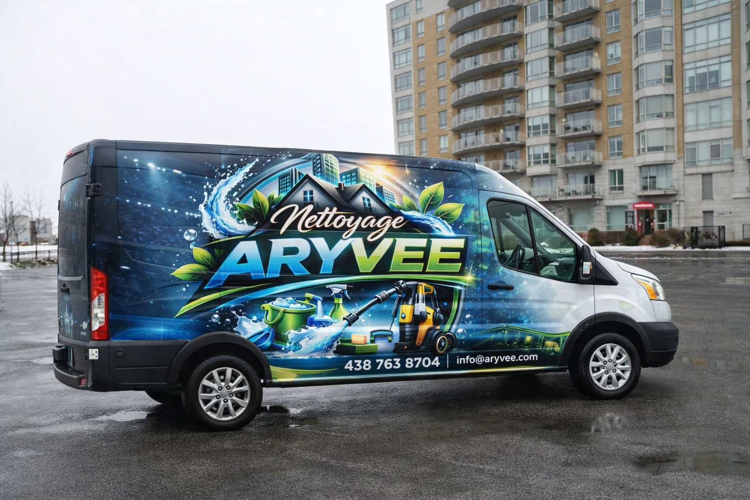 Nettoyage Aryvee branded van — professional vehicle wrap with logo, phone number 438-763-8704, and info@aryvee.com