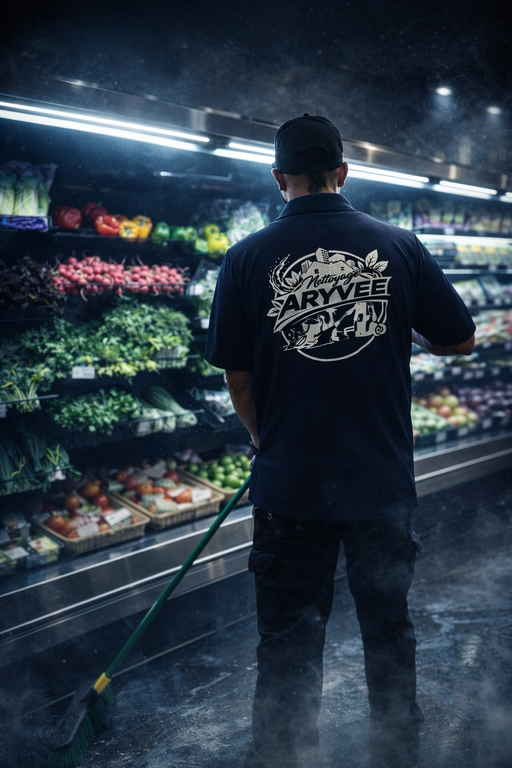 Aryvee worker mopping floor in grocery store produce section, dark cinematic lighting, branded uniform