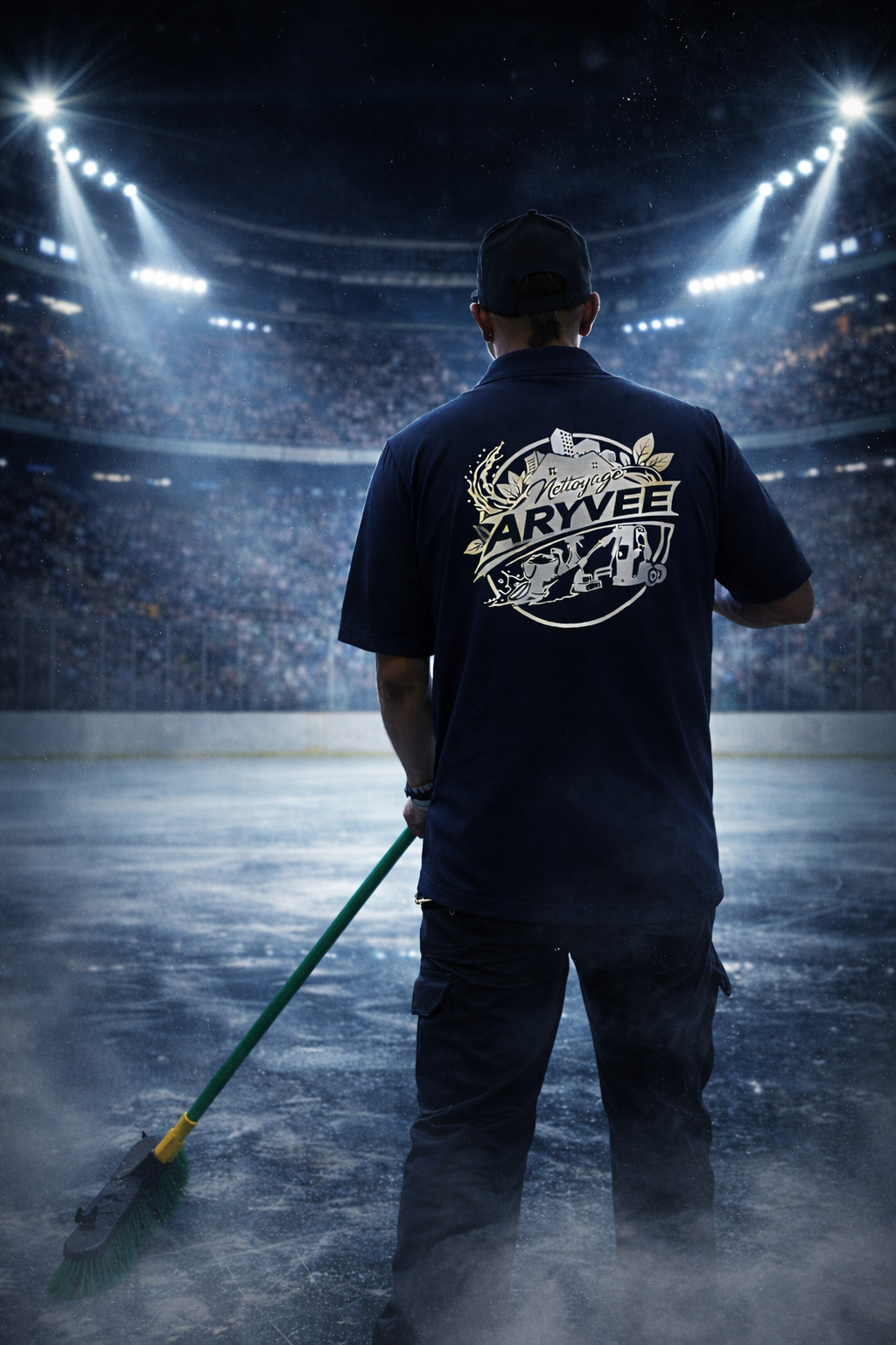 Aryvee worker standing in large sports arena holding broom, wearing branded navy shirt, dramatic stadium lighting