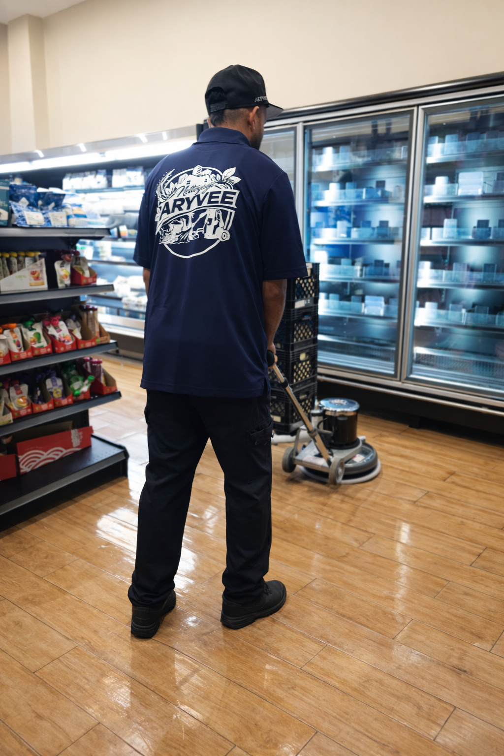 Aryvee worker operating industrial floor buffer in grocery store near refrigerator aisle